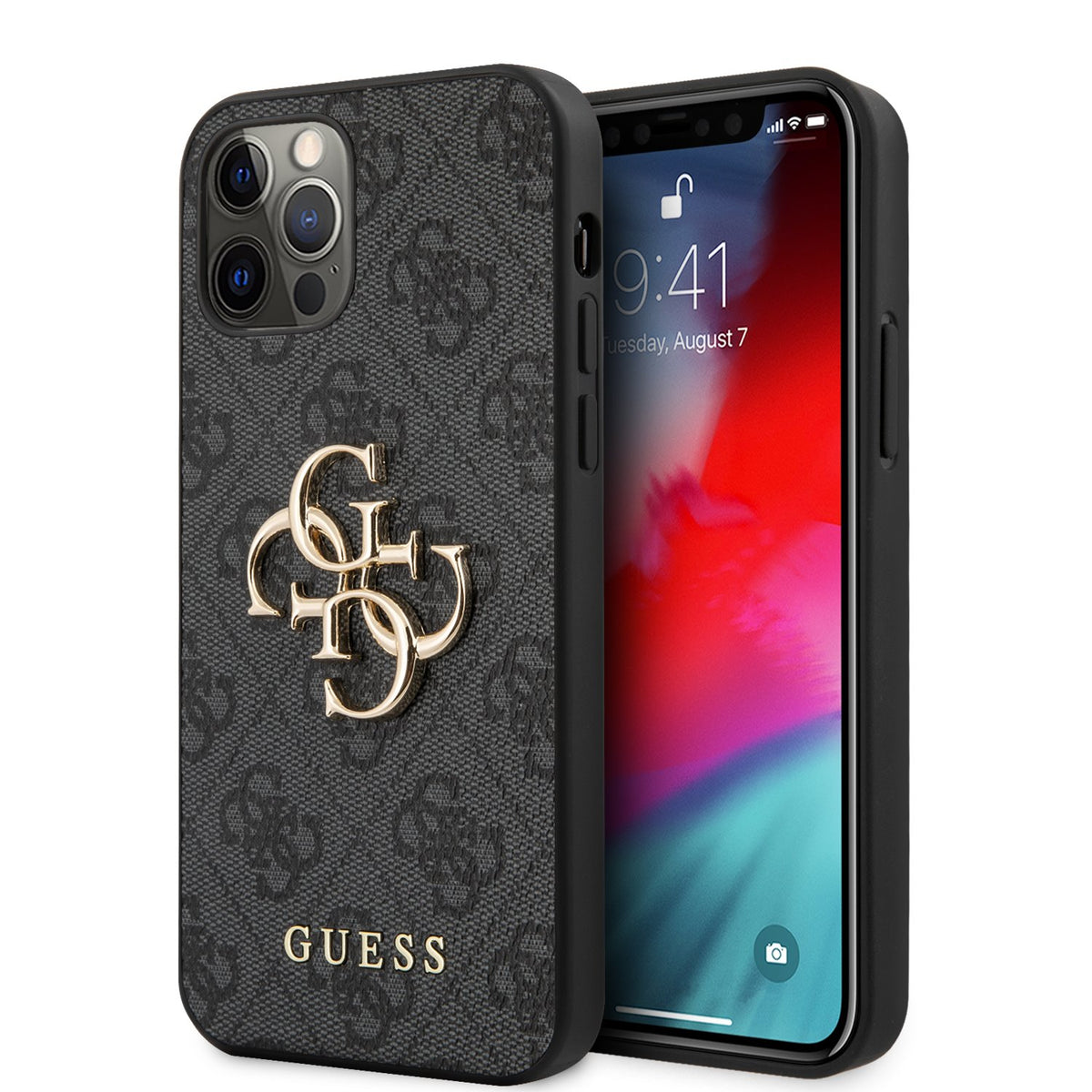 Husa Guess PU 4G Metal Logo pentru iPhone 12/12 Pro Gri