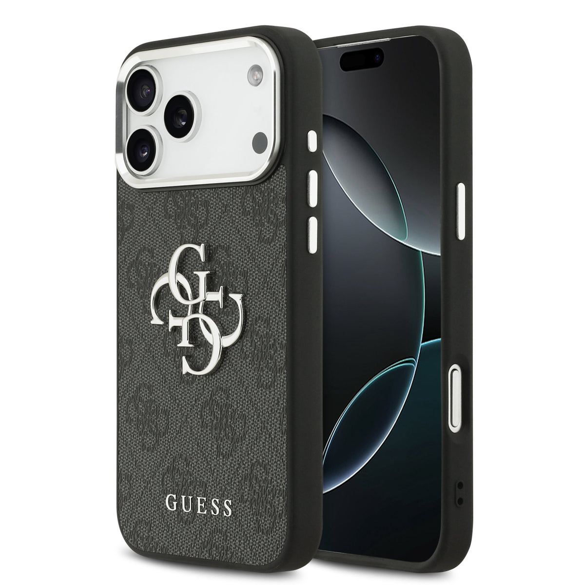 Husa Guess PU 4G Metal Logo pentru iPhone 17 Pro Max Argintiu Negru