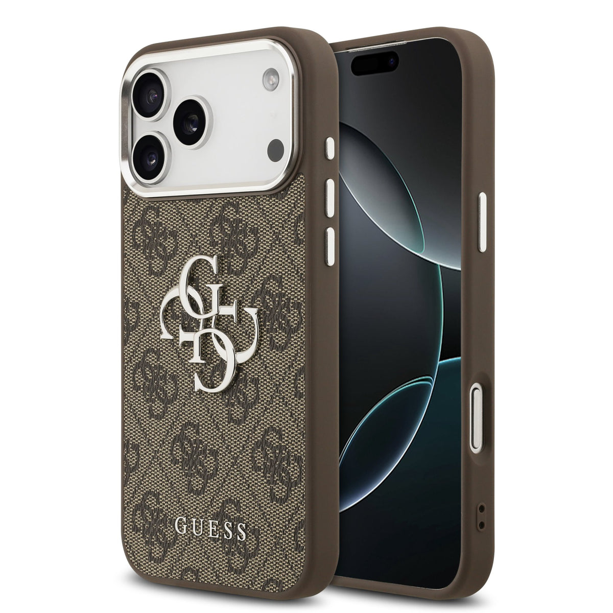 Husa Guess PU 4G Metal Logo pentru iPhone 17 Pro Max Argintiu Maro