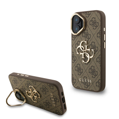 Husa Guess PU 4G Metal Logo Stand Camera Frame pentru iPhone 16 Maro