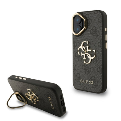 Husa Guess PU 4G Metal Logo Stand Camera Frame pentru iPhone 16 Negru
