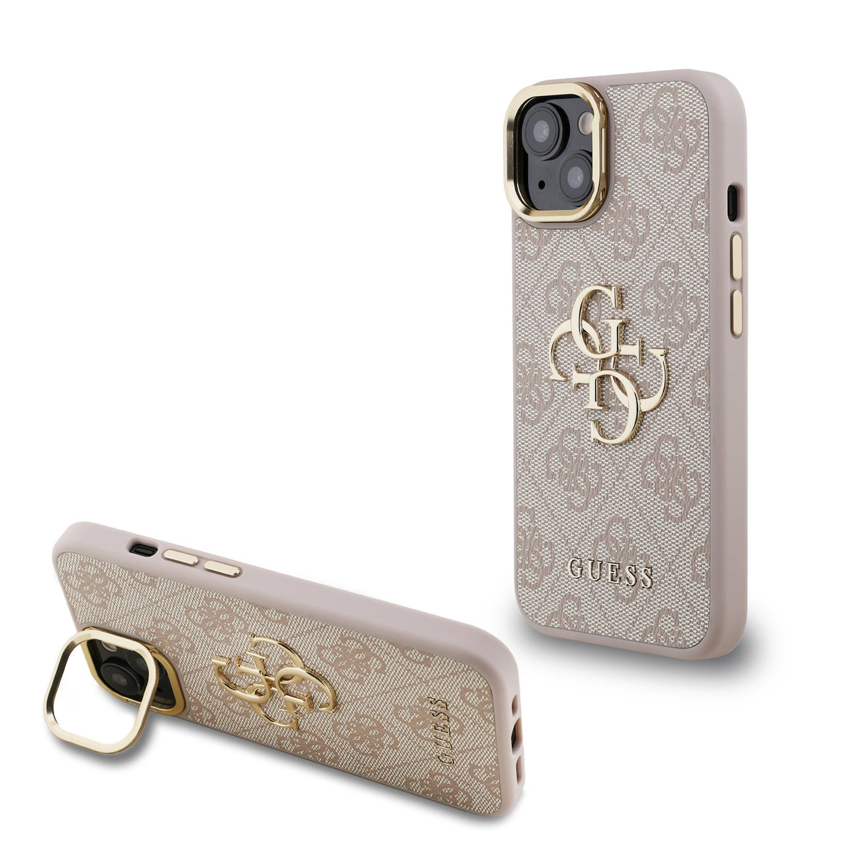 Husa Guess PU 4G Metal Logo Stand Camera Frame pentru iPhone 15 Roz