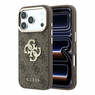 Husa Guess PU 4G Strass Metal Logo pentru iPhone 18 Pro Maro