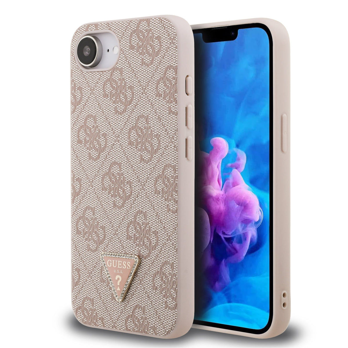 Husa Guess PU 4G Strass Triangle Metal Logo pentru iPhone 16e/17e Roz