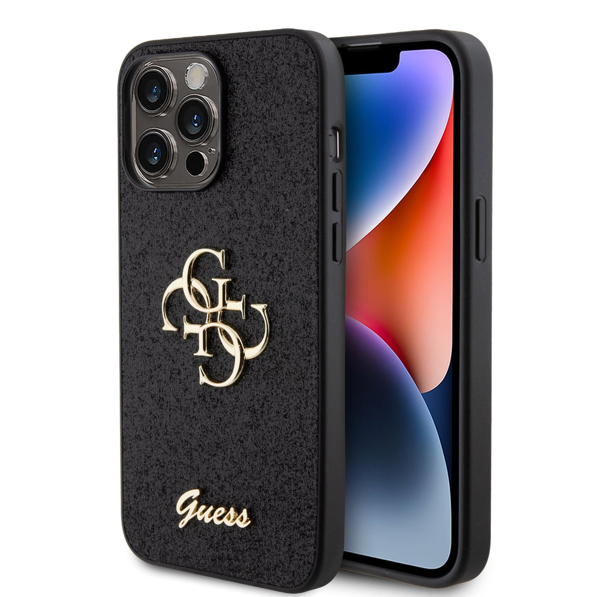 Husa Guess PU Fixed Glitter 4G Metal Logo pentru iPhone 15 Pro Max Negru
