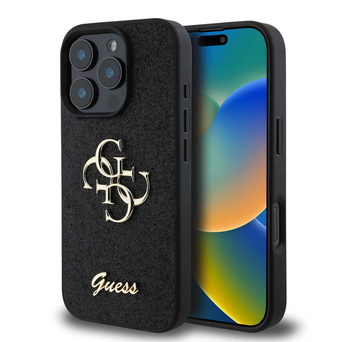 Husa Guess PU Fixed Glitter 4G Metal Logo pentru iPhone 16 Pro Negru