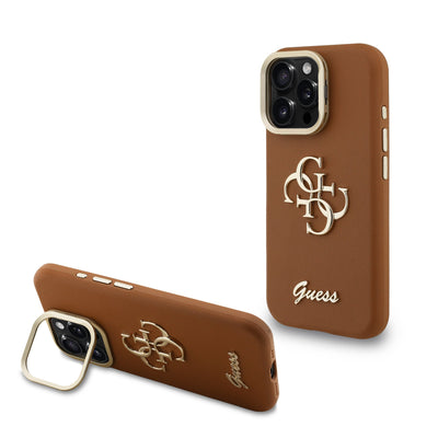Husa Guess PU Grained 4G Logo Stand Camera Frame pentru iPhone 15 Pro Max Maro