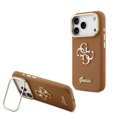 Husa Guess PU Grained 4G Logo Stand Camera Frame pentru iPhone 17 Pro Maro