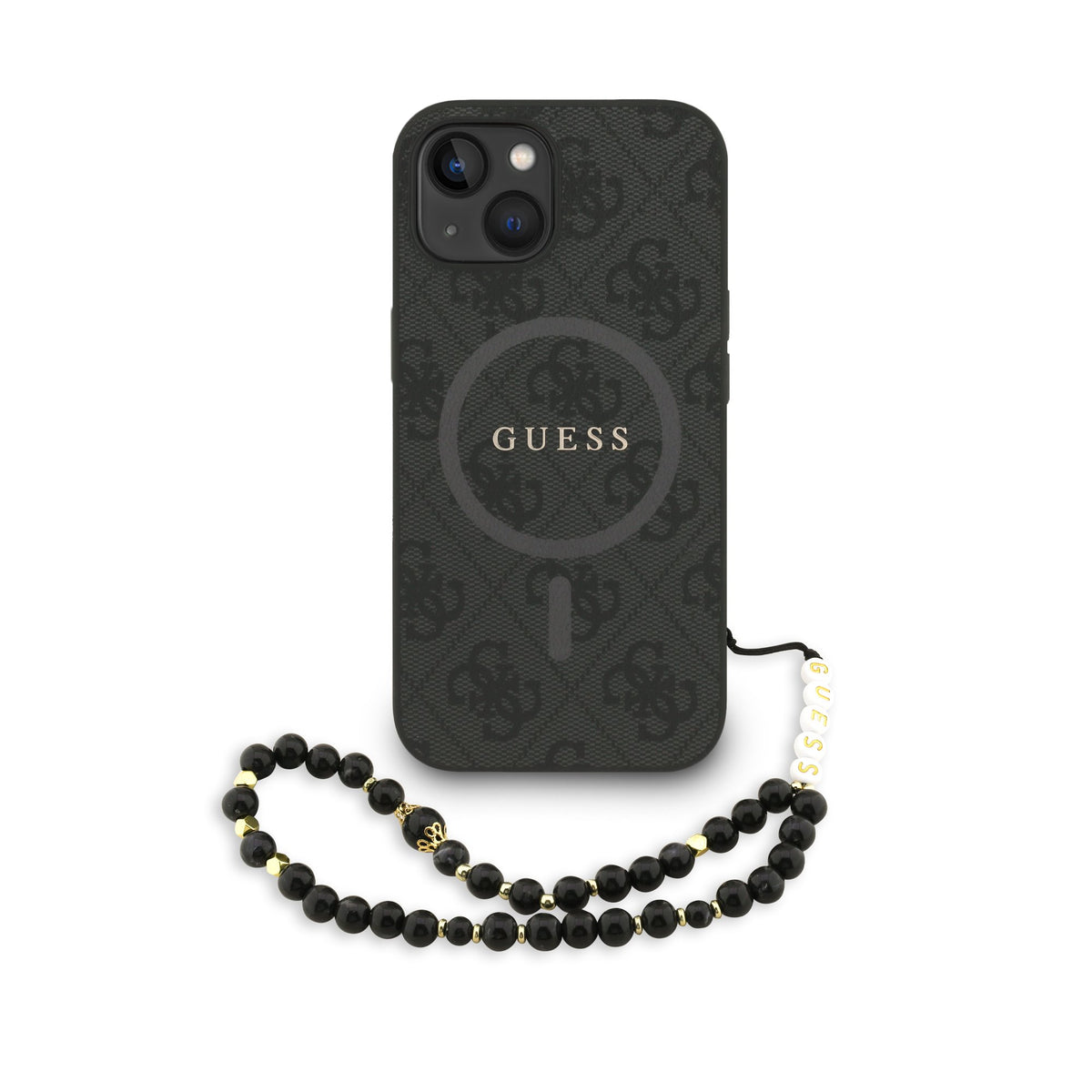 Husa Guess piele sintetica 4G Colored Ring Curea Magsafe pentru iPhone 15 Negru