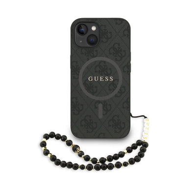 Husa Guess piele sintetica 4G Colored Ring Curea Magsafe pentru iPhone 15 Negru