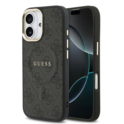 Husa Guess piele sintetica 4G Auriu Frame Magsafe pentru iPhone 17 Negru