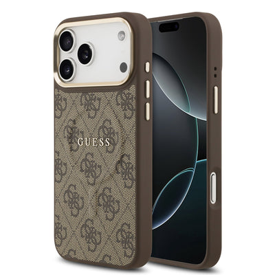 Husa Guess piele sintetica 4G Auriu Frame Magsafe pentru iPhone 17 Pro Max Maro