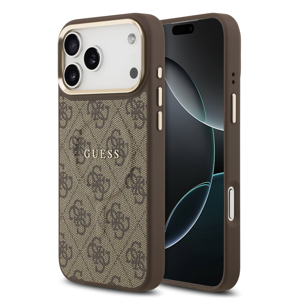 Husa Guess piele sintetica 4G Auriu Frame Magsafe pentru iPhone 17 Pro Max Maro