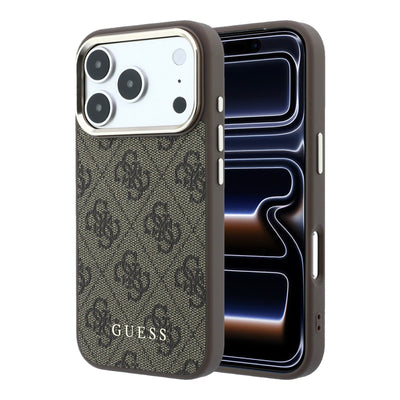 Husa Guess piele sintetica 4G Auriu Frame Magsafe pentru iPhone 18 Pro Max Maro