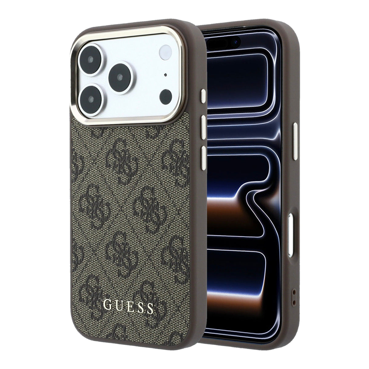 Husa Guess piele sintetica 4G Auriu Frame Magsafe pentru iPhone 18 Pro Maro
