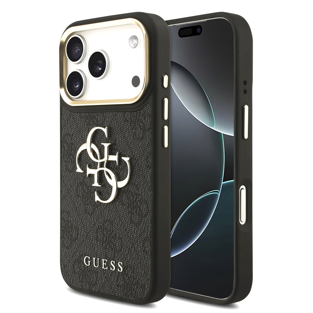 Husa Guess piele sintetica 4G Metal Logo Auriu Frame pentru iPhone 17 Pro Negru