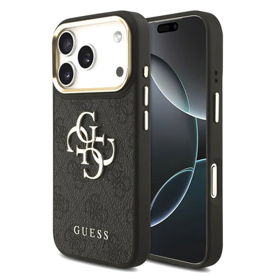 Husa Guess piele sintetica 4G Metal Logo Auriu Frame pentru iPhone 17 Pro Negru