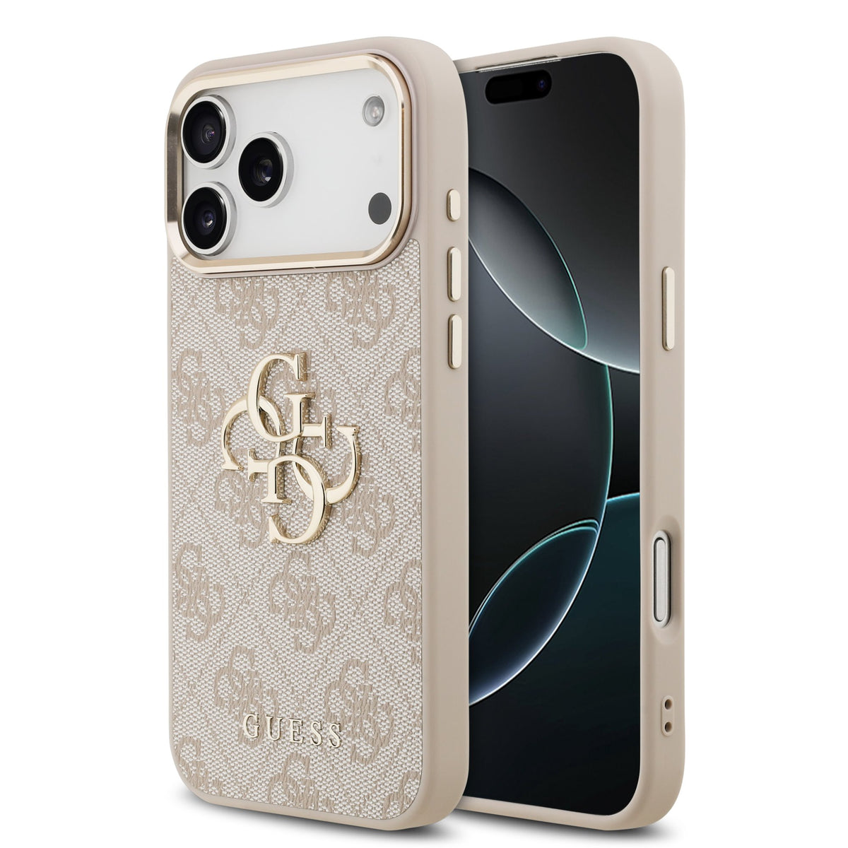 Husa Guess piele sintetica 4G Metal Logo Auriu Frame pentru iPhone 17 Pro Max Roz