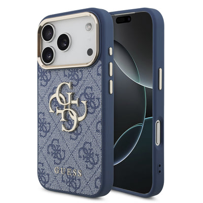 Husa Guess piele sintetica 4G Metal Logo Auriu Frame pentru iPhone 18 Pro Albastru