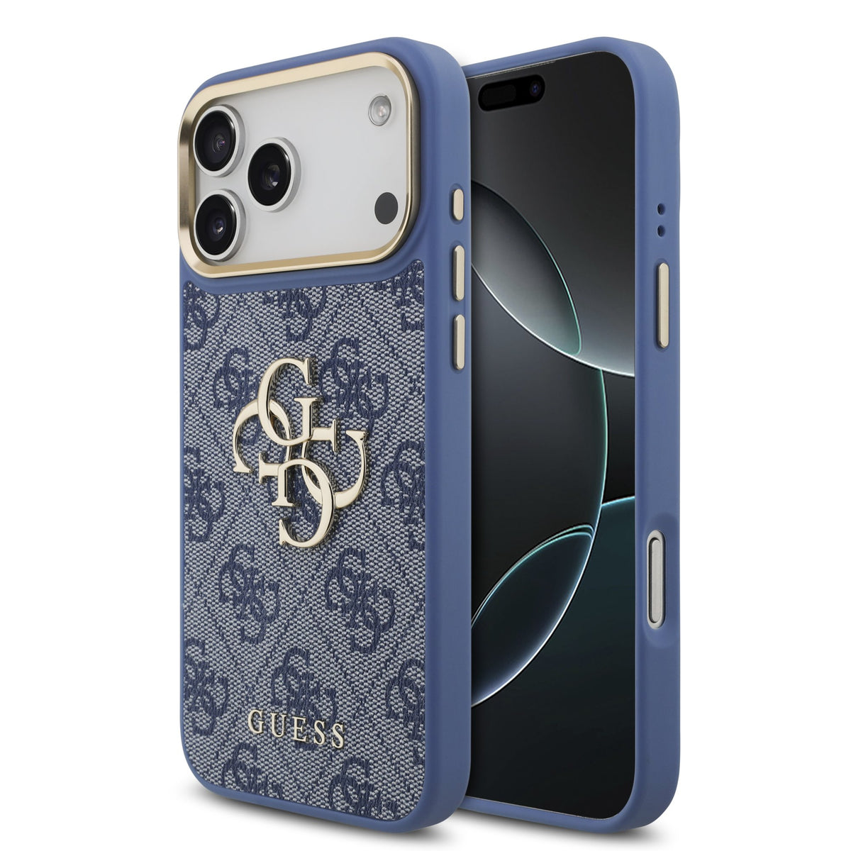 Husa Guess piele sintetica 4G Metal Logo Auriu Frame pentru iPhone 18 Pro Max Albastru