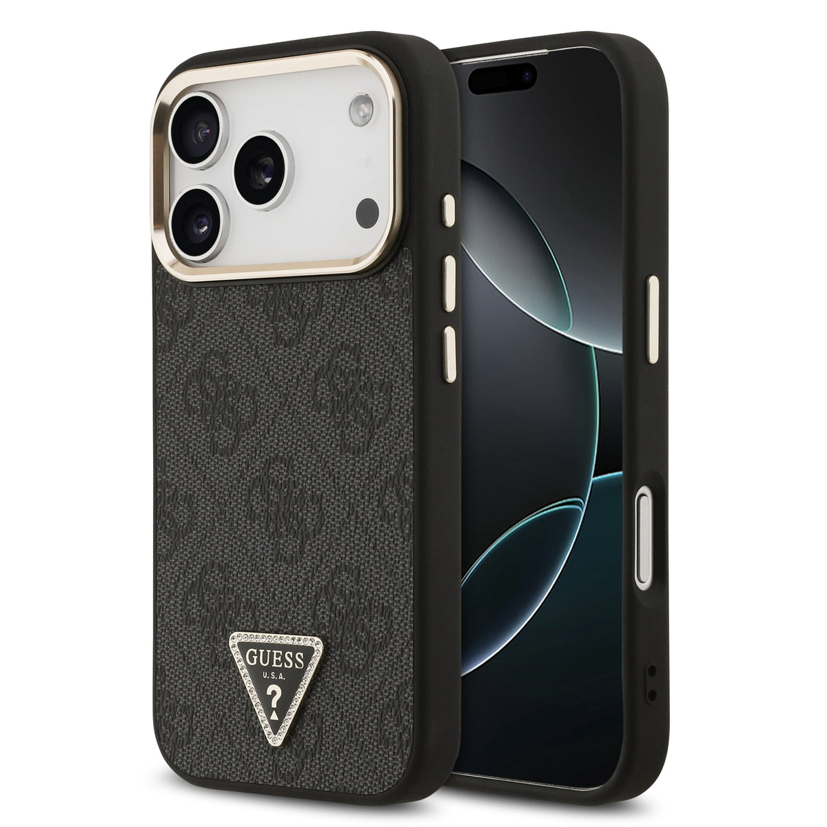 Husa Guess piele sintetica 4G Strass Triangle Logo Auriu Frame Magsafe pentru iPhone 18 Pro Negru