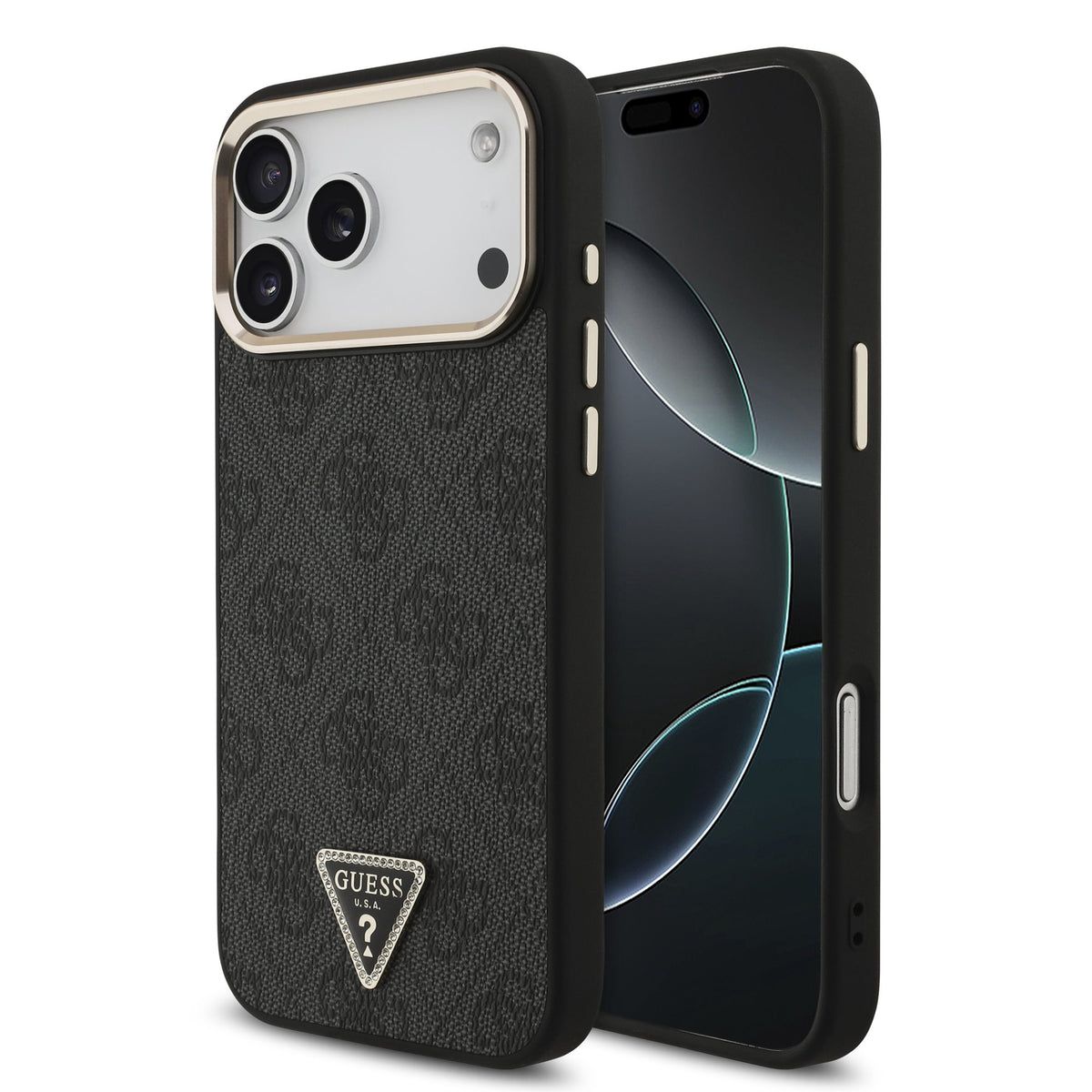Husa Guess piele sintetica 4G Strass Triangle Logo Auriu Frame Magsafe pentru iPhone 18 Pro Max Negru