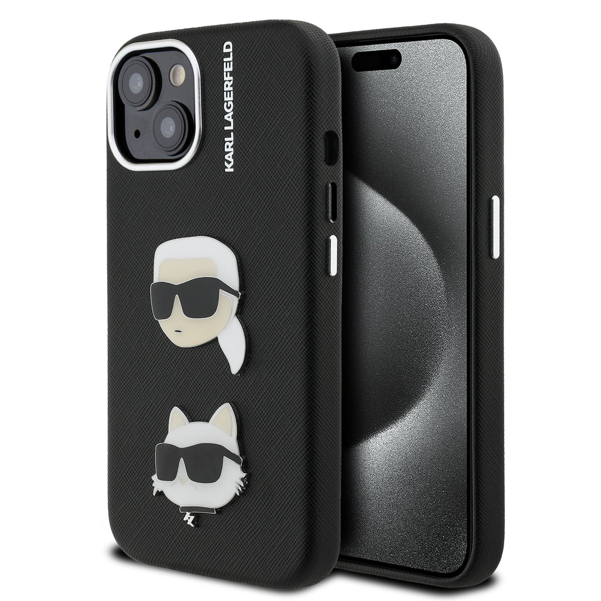Husa Karl Lagerfeld Grained PU K&CH Heads pentru iPhone 15 Negru