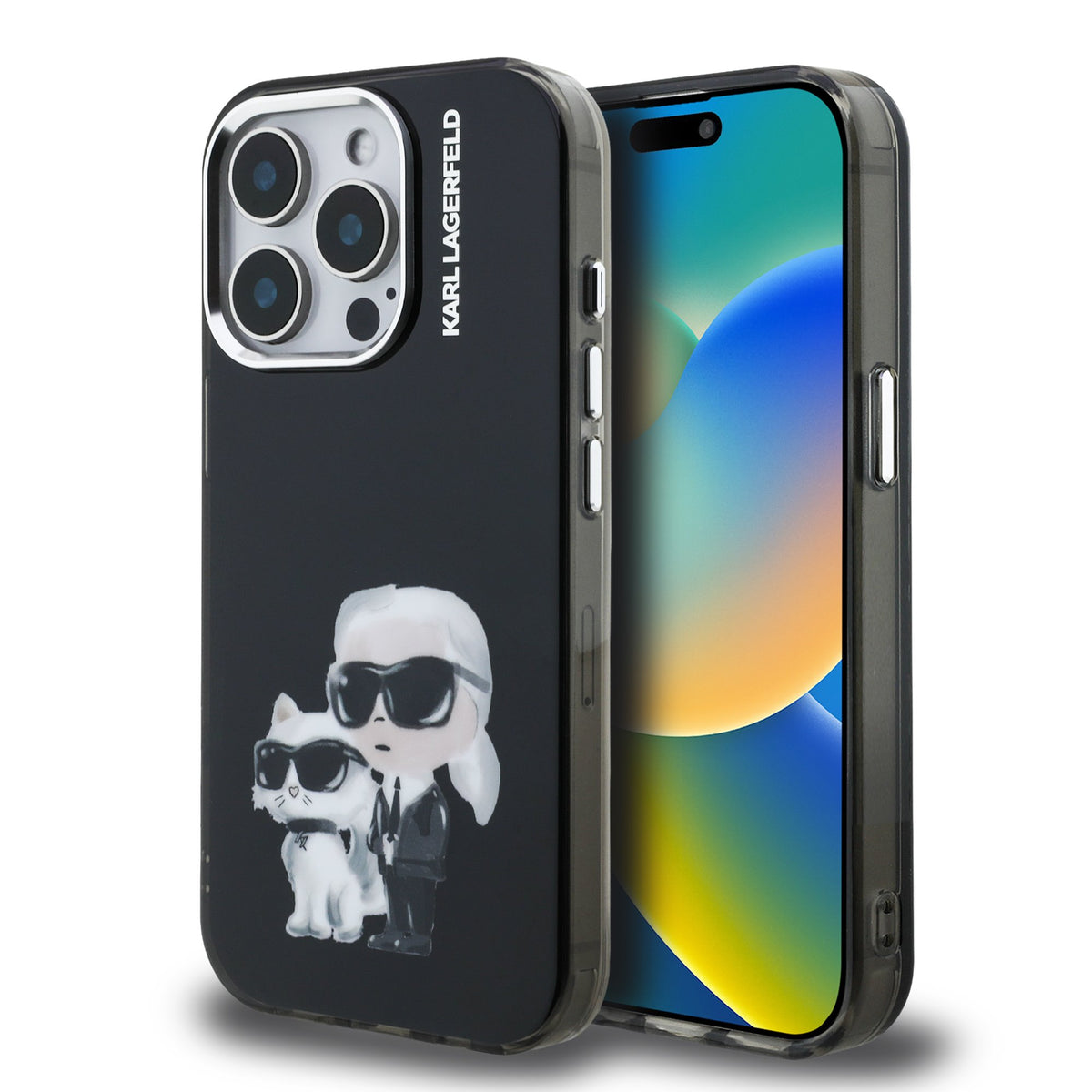 Husa Karl Lagerfeld IML Aquarelle Karl si Choupette pentru iPhone 15 Pro Max Negru