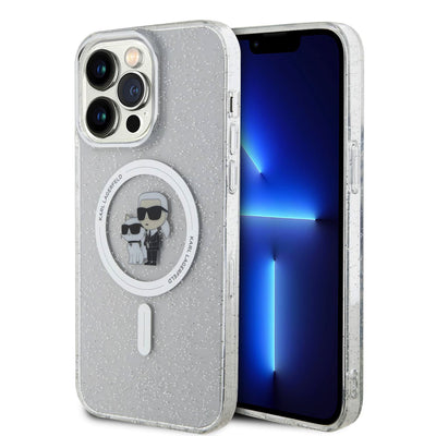 Husa Karl Lagerfeld IML Glitter Karl si Choupette Magsafe pentru iPhone 15 Pro Max Transparent