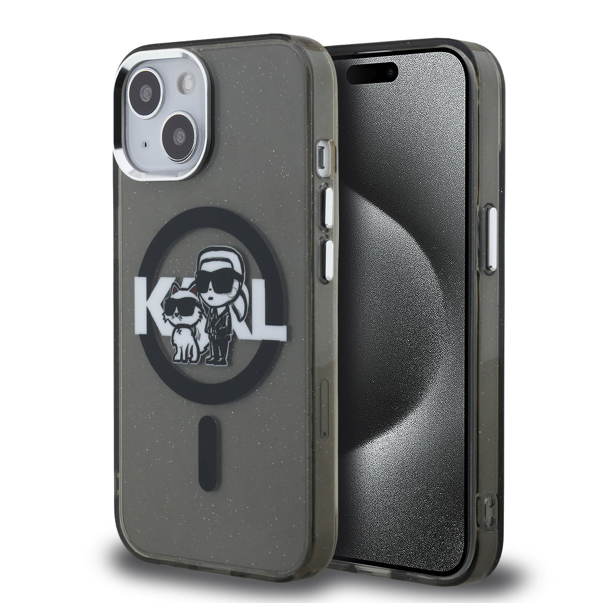 Husa Karl Lagerfeld IML Glitter Karl si Choupette Sketch Magsafe pentru iPhone 15 Negru
