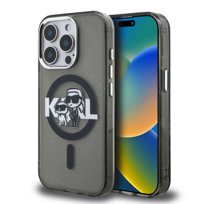 Husa Karl Lagerfeld IML Glitter Karl si Choupette Sketch Magsafe pentru iPhone 15 Pro Max Negru