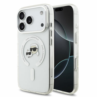 Husa Karl Lagerfeld IML K&CH Heads Metal Frame Magsafe pentru iPhone 18 Pro Alb