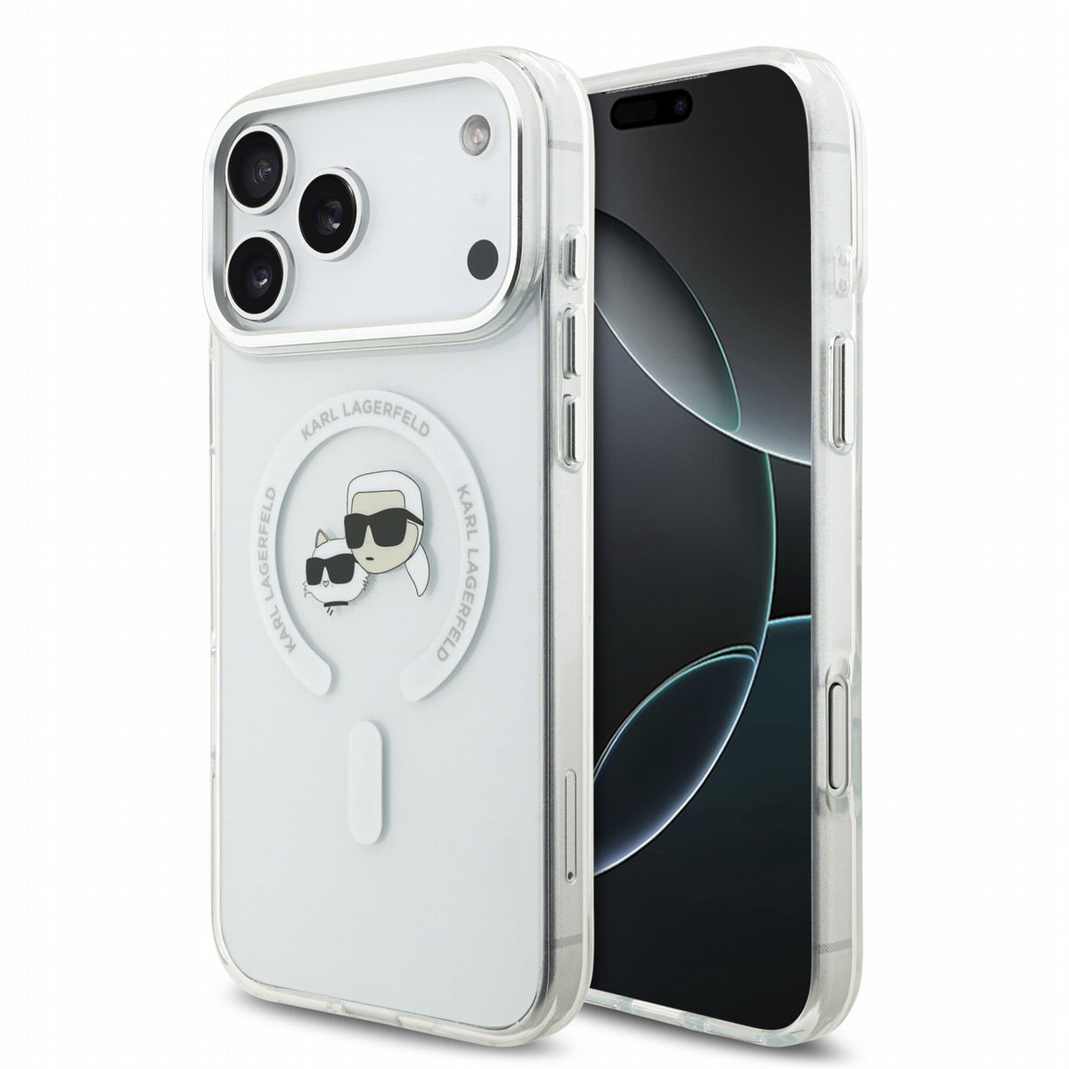 Husa Karl Lagerfeld IML K&CH Heads Metal Frame Magsafe pentru iPhone 18 Pro Max Alb