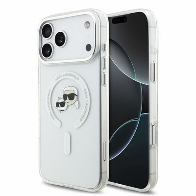 Husa Karl Lagerfeld IML K&CH Heads Metal Frame Magsafe pentru iPhone 18 Pro Max Alb