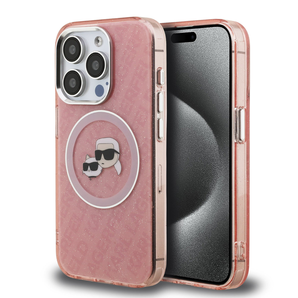 Husa Karl Lagerfeld IML K&CH Heads Repeated Logo Magsafe pentru iPhone 15 Pro Max Roz