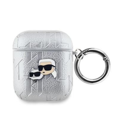 Husa Karl Lagerfeld PU Embossed Karl si Choupette Heads pentru AirPods 1/2 Argintiu