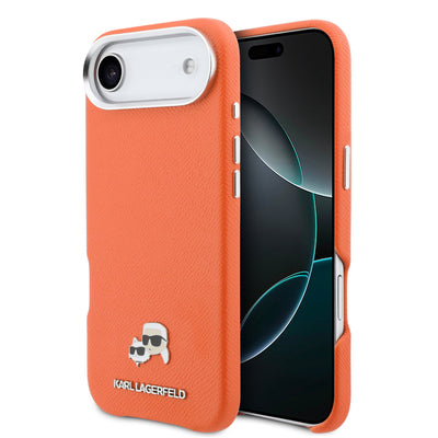 Husa Karl Lagerfeld PU Karl si Choupette Heads Pins Magsafe pentru iPhone Air Portocaliu