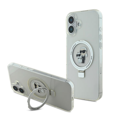 Husa Karl Lagerfeld Ringstand Karl si Choupette Magsafe pentru iPhone 16 Plus Alb