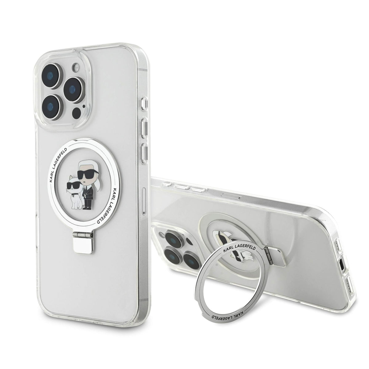 Husa Karl Lagerfeld Ringstand Karl si Choupette Magsafe pentru iPhone 16 Pro Max Alb