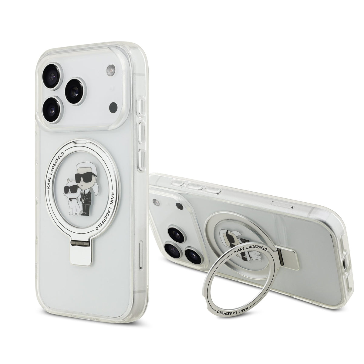 Husa Karl Lagerfeld Ringstand Karl si Choupette Magsafe pentru iPhone 17 Pro / 18 Pro Alb
