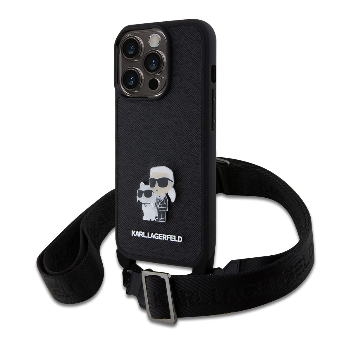 Husa Karl Lagerfeld Saffiano Crossbody Curea Metal Karl si Choupette pentru iPhone 15 Pro Negru