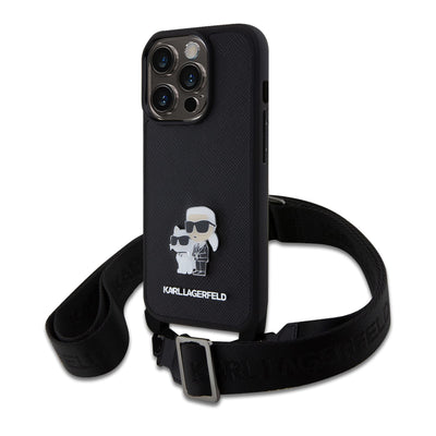 Husa Karl Lagerfeld Saffiano Crossbody Curea Metal Karl si Choupette pentru iPhone 15 Pro Negru