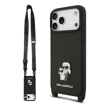 Husa Karl Lagerfeld Saffiano Crossbody Curea Metal Karl si Choupette pentru iPhone 17 Pro Negru