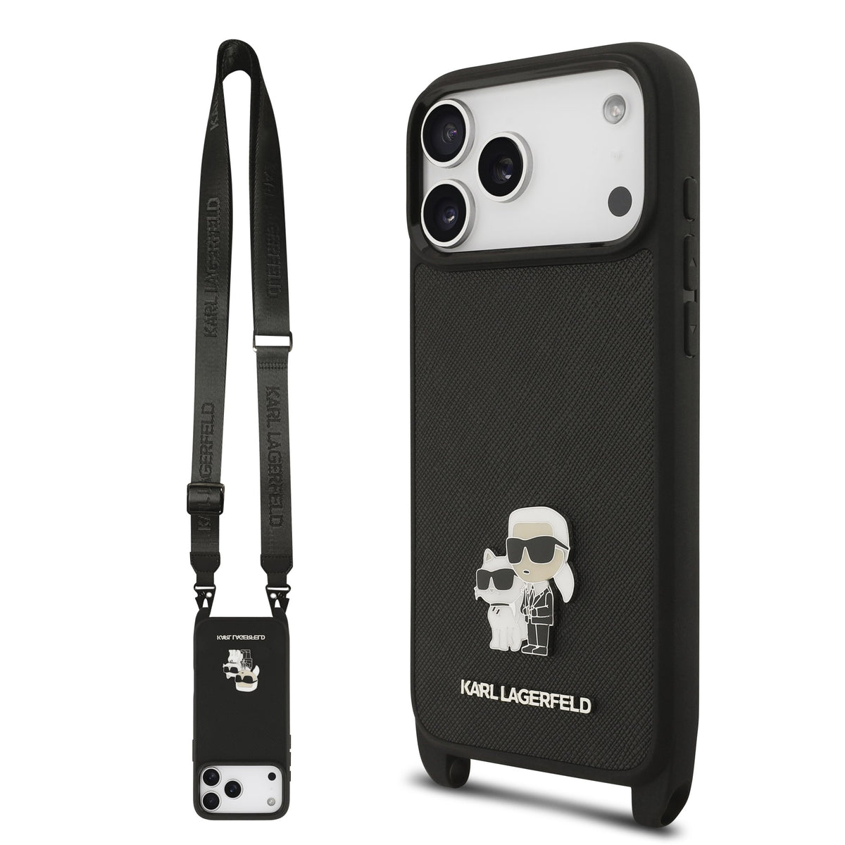 Husa Karl Lagerfeld Saffiano Crossbody Curea Metal Karl si Choupette pentru iPhone 17 Pro Max Negru