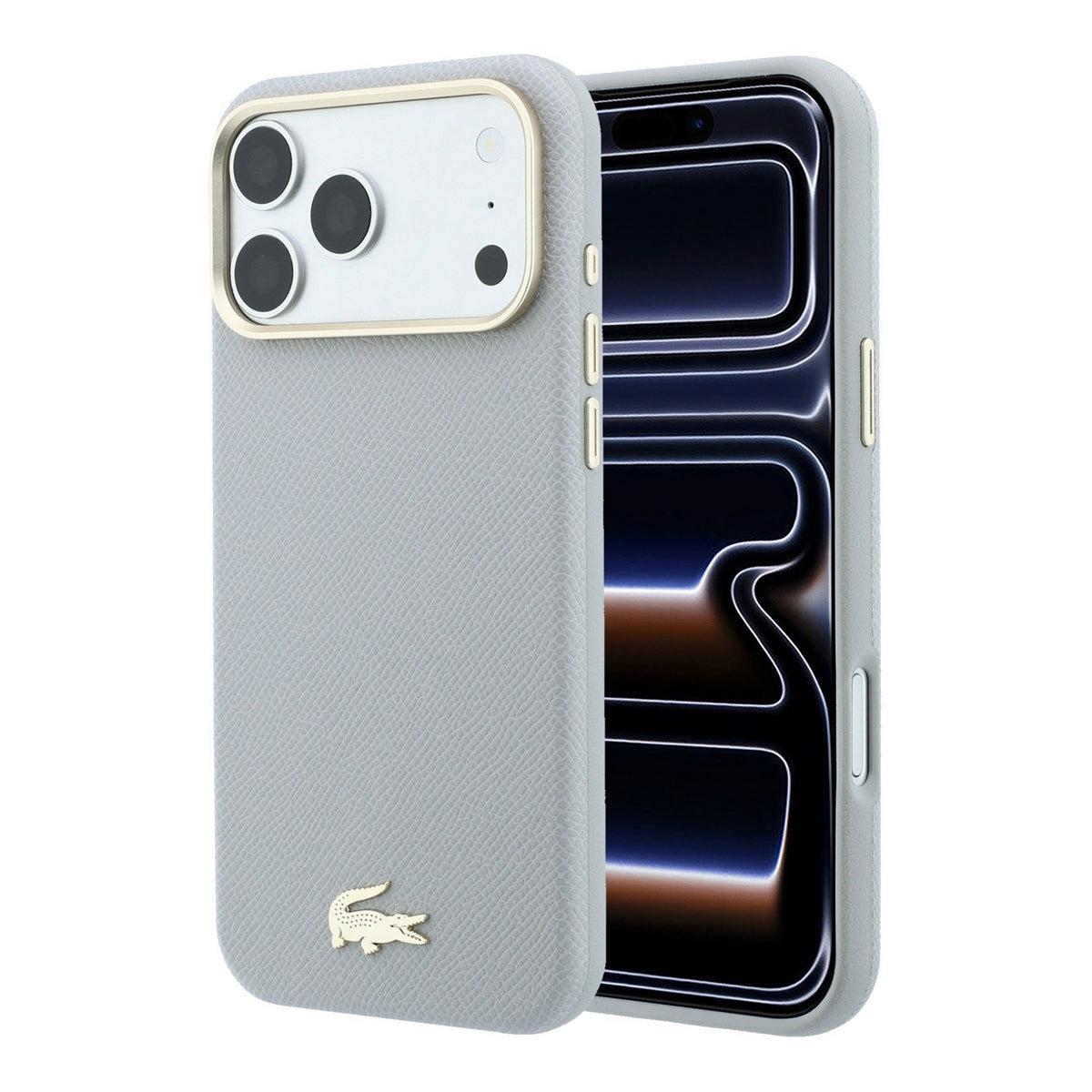 Husa Lacoste piele sintetica Champs Elysees Auriu Logo Magsafe pentru iPhone 18 Pro Gri deschis