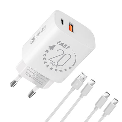Cablu Obal:ME Incarcator priza Usb-a + Usb-c 20W + 2x 1m Alb