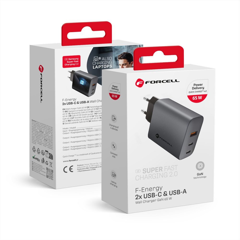 Incarcator Forcell Phone F-energy Gan 2 X USB C + USB A Qc4.0 PD 4A 65W Gri
