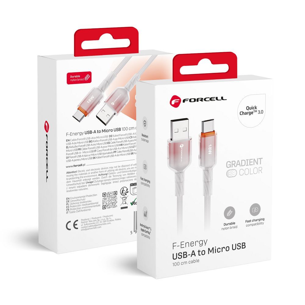Cablu Forcell USB A To Micro USB F-energy Qc3.0 2,4A 18W Gradient 1 M C351 Alb