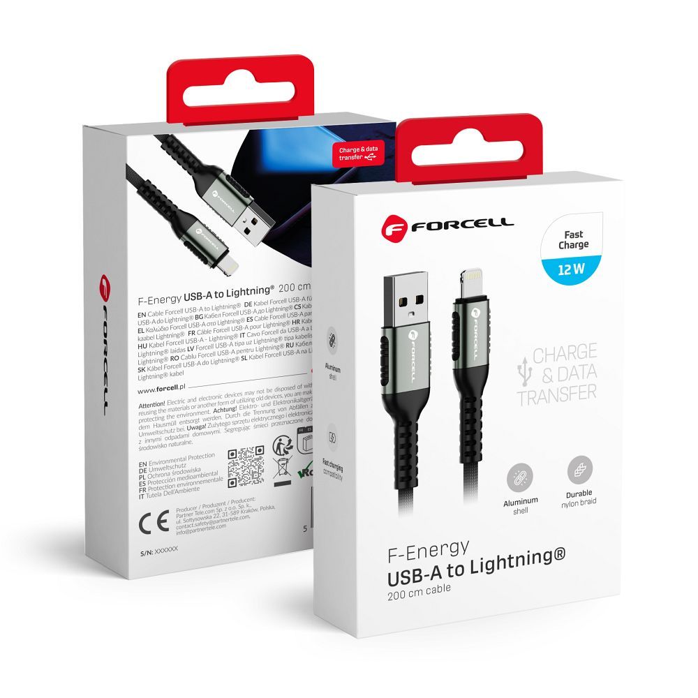 Cablu Forcell USB A To Lightning F-energy 2,4A 12W Cafule 2 M C257 Negru