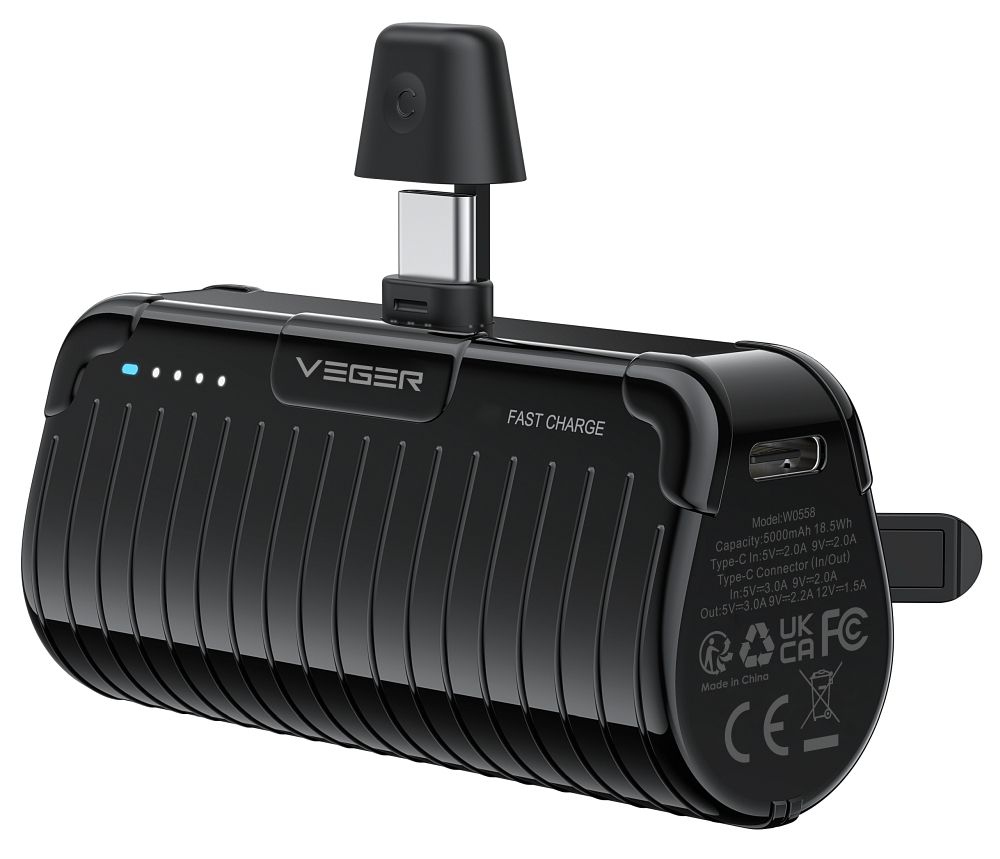 Acumulator extern Veger Plugon (W0558) PD Qc3.0 3A 20W 5000 Mah cu Built-in Connector Type C Negru